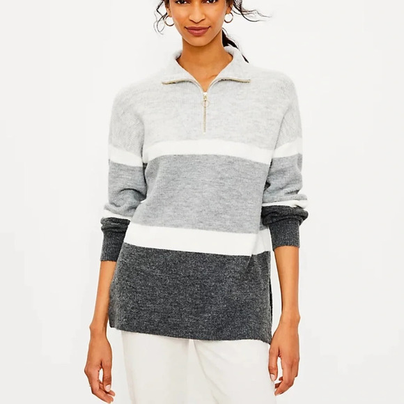 LOFT Gray & White Striped Quarter Zip Tunic Sweater Small Petite Women’s - Picture 1 of 12